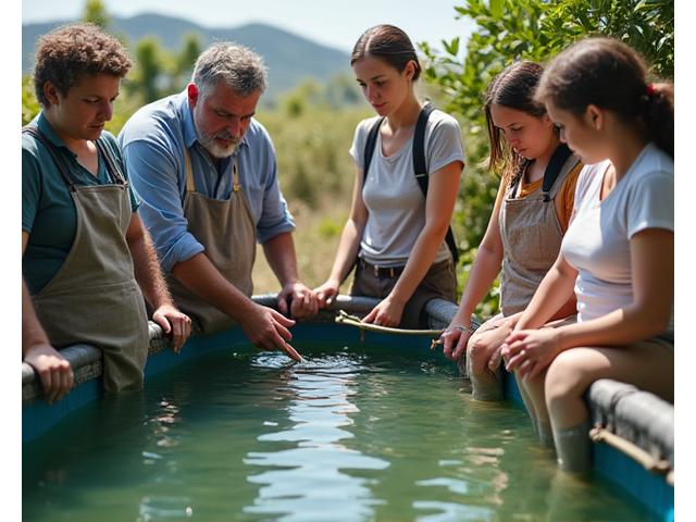 Pessoas aprendendo técnicas de aquacultura familiar em tanque, com formador experiente.