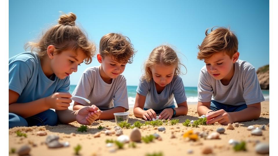 Crianças e adolescentes entusiasmados em um laboratório de campo, examinando amostras marinhas com lupas e equipamentos, perto da praia.
