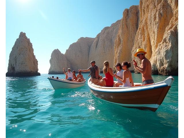 Barco tradicional com turistas a explorar a costa algarvia, com guias locais.