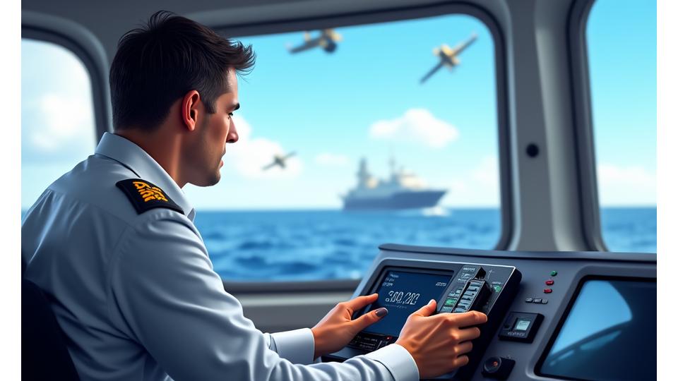 Oficial de pesca usando um rádio VHF digital em um barco, com satélites de comunicação ao fundo