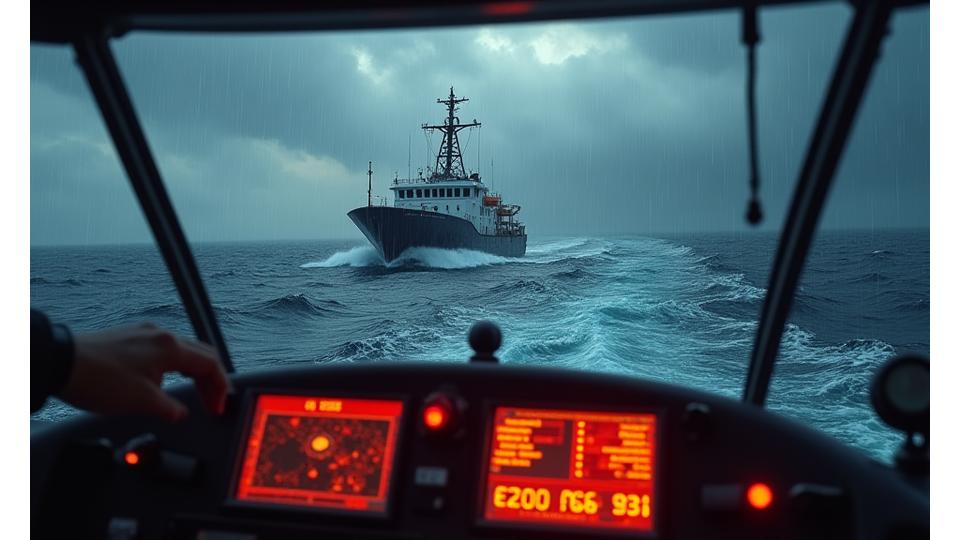 Barco de pesca em águas agitadas com sistema de comunicação de emergência ativo
