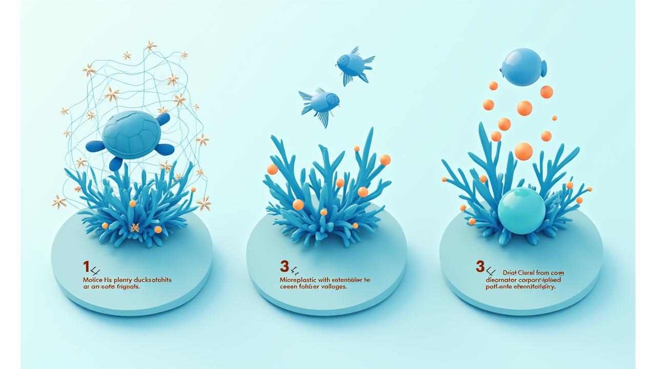 Infográfico visualmente atraente mostrando o ciclo de impacto da pesca fantasma: fauna marinha presa, recifes danificados, microplásticos.