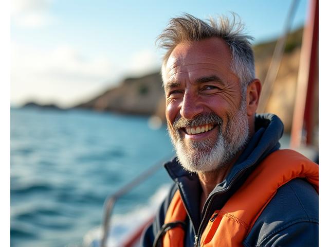 Mestre Pescador João Silva sorrindo, com o seu barco de pesca ao fundo e o mar azul claro do Algarve.