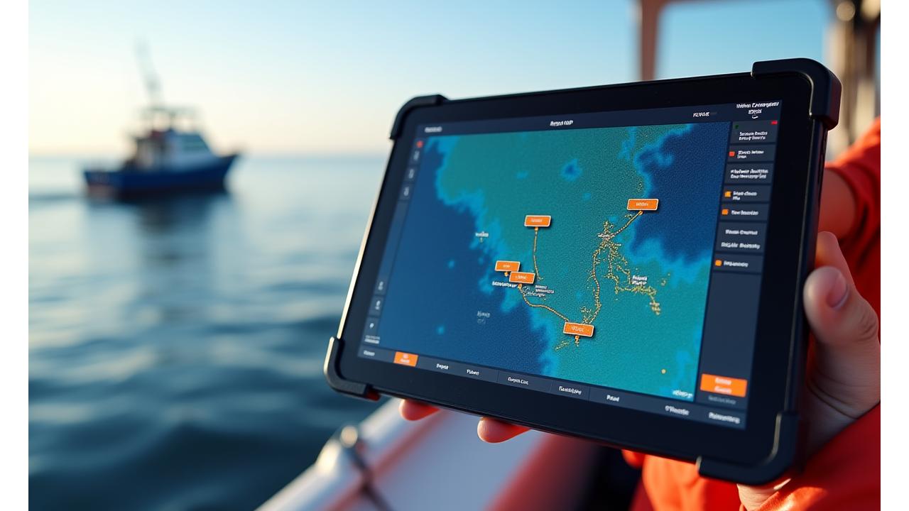 Interface de uma aplicação móvel a mostrar a localização GPS de redes subaquáticas em tempo real, com boias inteligentes a emitir sinais.