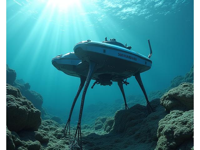 Equipamento subaquático robótico ou drone submarino com garras de recuperação, em ação no fundo do mar.